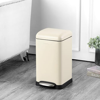 happimess Betty Retro Mini 3.2 Gal Step Trash Can, Limestone Beige | Soft-Close Lid, Removable Liner, Iron, Hands-Free Pedal, Satin Finish, Non-Skid Base, Built-In Damper, Modern, Minimalistic - color: Limestone Beige