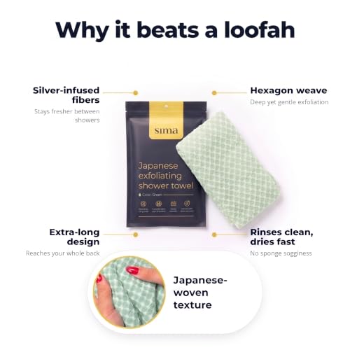 SIMA Exfoliating Face & Body Scrub Towel, 47" x 10" (Green) | Japanese Exfoliating Washcloth with Hexagon Fibers, 2 Sides for Scrubbing & Washing, Extra Long Bath Towel - color: Green