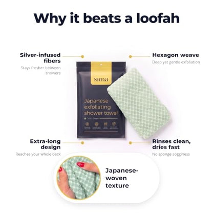 SIMA Exfoliating Face & Body Scrub Towel, 47" x 10" (Green) | Japanese Exfoliating Washcloth with Hexagon Fibers, 2 Sides for Scrubbing & Washing, Extra Long Bath Towel - color: Green