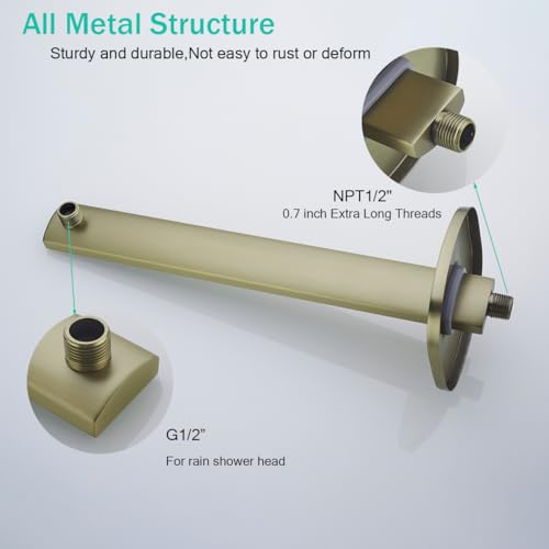 16 Inch Shower Arm with Flange,Stainless Steel Extension Extender Pipe for Fixed Rain Shower Head,Brushed Gold Extra Long High Rise Shower Head Extension Arm,SE-91119-16BG - color: Brushed Gold(91119)