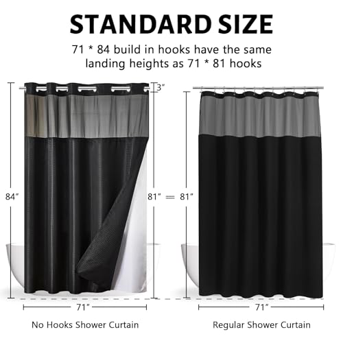 Furlinic Extra Long No Hook Waffle Weave Shower Curtain with Snap in Fabric Liner Set,Heavy Duty Bathroom Curtains with See Through Window,Machine Washable & Waterproof,Black,71x84 Inch - color: Black, size: 71"W x 84"L (Pack of 1)