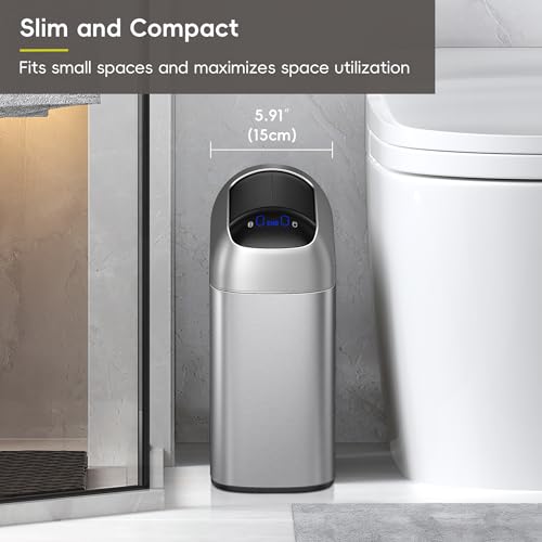EKO Astro Slim Sensor Trash Can, 10L / 2.6 Gallon Touchless Garbage Bin with Soft-Close Retractable Wing Lid, Motion Sensor Stainless Steel Trash Can for Bathroom, Kitchen and Office, Waterproof - size: Astro 10L-Matte Stainless