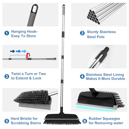 Floor Scrub Brush with 55" Long Handle, 10" Wide Stiff Bristles Deck Brush, Stainsless Steel Pole Heavy-Duty Cleaning Brush, 2-in-1 Scrubber with Ruber Squeegee for Deck, Patio, Pool, Tile, Wall