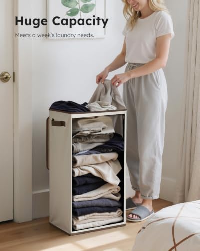 SOLEDI Slim Laundry Hamper with Lid, Narrow Laundry Basket with Removable Bags, Dirty Clothes Hamper with handle, Small Hamper perfect for Laundry room, Bathroom, Bedroom, Small spaces. 70L Beige - color: Off-White, size: 70L