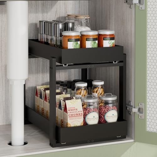 APRTAT 2 Pack Bamboo Under Sink Organizer, 2-Tier Pull Out Storage Drawers | Smooth pull-out drawers keep cleaners and tall bottles visible, organized and easy to reach in kitchen or bathroom cabinets - color: Black, size: 1 Pack