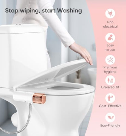 Ultra-Slim Bidet Attachment, Posterior&Feminine Wash-(Retractable Dual Nozzles), Non-Electric Bidet Attachment for Toilet Seat, Adjustable Fresh Cold Water Pressure, Stainless Steel Inlet (Rose Gold)