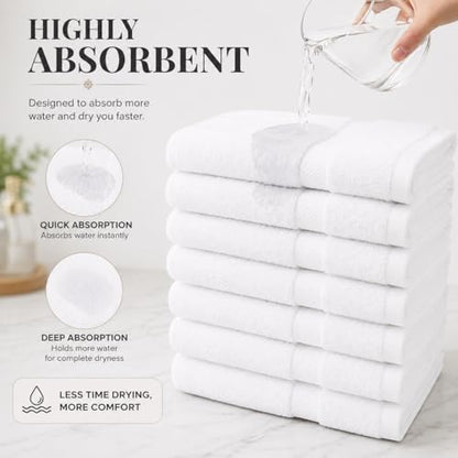 White Hand Towel Pack of 6, 28x16 Inches | Premium 650GSM 100% Ringspun Cotton | Ultra Soft, Thick, Quick-Dry & Highly Absorbent White Hand Towels for Bathroom, Kitchen & Home