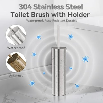 DOWRY Toilet Bowl Brush and Holder for Bathroom Silver | 304 Stainless Steel Deep Cleaning Toilet Brush and Holder Set with Long Handle Hidden with 2 Heads