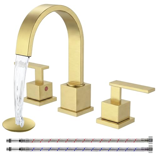 Gold Bathroom Faucet, Brushed Gold Faucets Bathroom 3 Hole 8inch Widespread Waterfall 2 Handle Brass Faucets Bath Sink Vanity Faucet with Pop Up Drain and Supply Lines - color: Gold