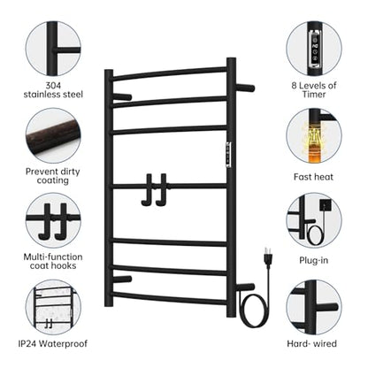 Electric Stainless Steel Warmer Rack Heated Towel Rack with 2 Hooks, Build-in Timer Temperature Adjustable Plug-in/Hardwired Hooks Hot Towel Rack for Bathroom Spa Gym Hotel (Black, 7-Bar) - color: Black, size: 7-Bar
