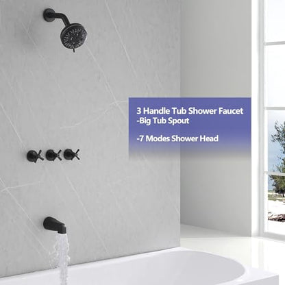 3 Handle Tub Shower Faucet Set Black Shower Trim Kit with Valve | Bathtub Shower Faucet Set with Tub Spout Wall Mounted, Brass Valve, NPT 1/2" US Connection - color: Matte Black, style: Style A