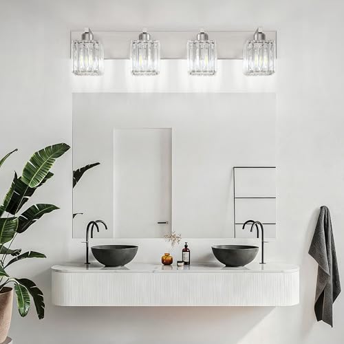 Aipsun Brushed Nickel Bathroom Lighting Fixtures 4 Light Crystal Modern Bathroom Vanity Light (Exclude Bulb) - color: Brushed Nickel, size: 32 inch