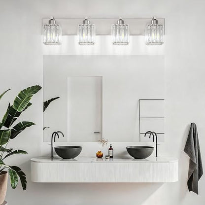 Aipsun Brushed Nickel Bathroom Lighting Fixtures 4 Light Crystal Modern Bathroom Vanity Light (Exclude Bulb) - color: Brushed Nickel, size: 32 inch