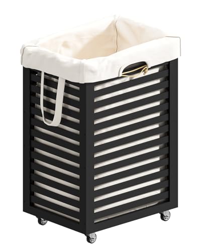 Laundry Basket with Wheels, Rolling Laundry Hamper, Bamboo Wood Laundry Cart with Removable Bag (Black—Beige Bag) - color: Black—Beige Bag