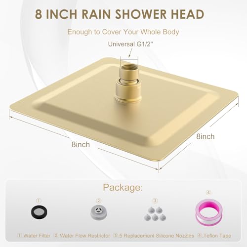 8 Inch Rain Shower Head Brushed Gold - All Metal Stainless Steel 304, Ultra Thin Design, Square Rainfall Showerheads Modern Bathroom - Full Body Coverage Bath Shower - color: Brushed Gold, size: 8 Inch Square