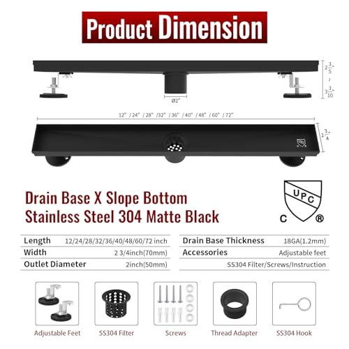 Linear Shower Drain, 32 inch Matte Black | Including Hair Catcher and Removable Grate, 304 Stainless Steel, Easy to Install and Clean (Drain Base Not Included) - color: Matte Black, size: 32 inch
