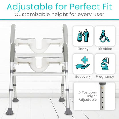 Vive Shower Chair for Elderly & Disabled - Handicap Bath Chair with Arms & U-Shape - Foldable, Adjustable Height - Padded Soaking w/Back & Drain Hole - Portable, Non-Slip, Safe Disability Aid | U-Shape - Foldable, Adjustable Height - Padded Soaking w/Back
