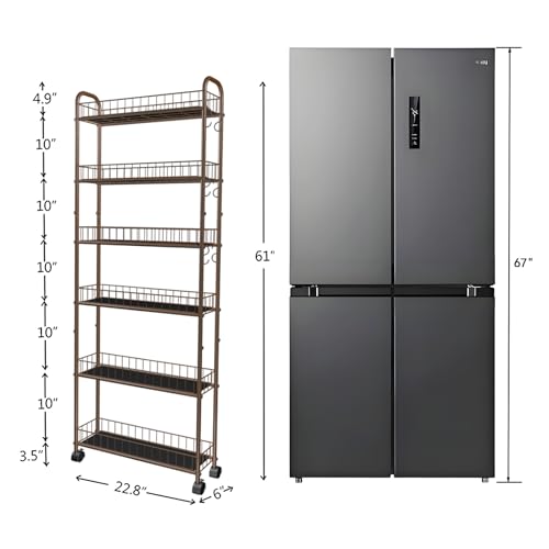 6in 6-Tier Slim Storage Cart with Wheels, Metal Narrow Rolling Shelf, Sturdy Slim Storage with Hooks Ideal for Kitchen, Bathroom, and Laundry Room (Champagne Gold) - size: 6in Champagne Gold