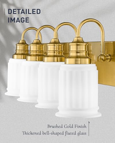 Bathroom Light Fixtures 4-Lights, HWH Brushed Gold Vanity Light Modern Bathroom Vanity Lights Over Mirror, 26'' Antique Brass Vanity Light with Frosted White Bell-Shaped Fluted Glass, 5HZG106B-4W BG - color: Brushed Gold, size: 4-Light