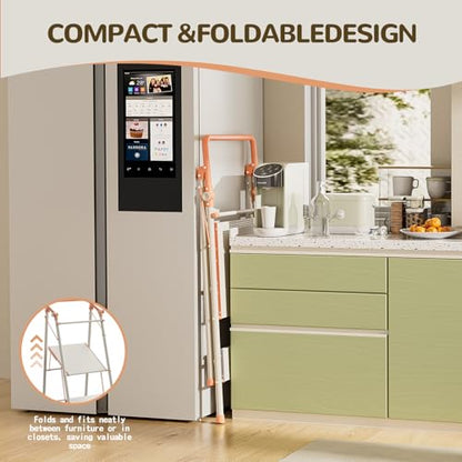 Foldable Toddler Tower, 2-in-1 Alloy Steel Kids Kitchen Step Stool & Adult 2-Step Ladder, Folding Kitchen Tower with Removable Safety Rail, Anti-Slip Steps for Kitchen & Bathroom - color: Peach Fuzz & White