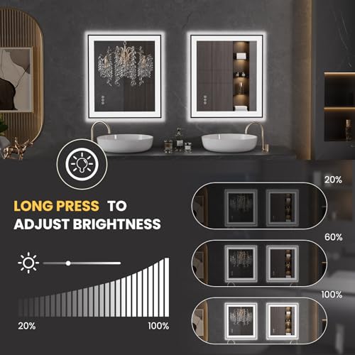 LOAAO 28"X32" LED Bathroom Mirror Black Framed | Anti-Fog, Dimmable, Memory Function, Tempered Glass, Lighted Vanity Mirror for Wall - size: 28"L x 32"W