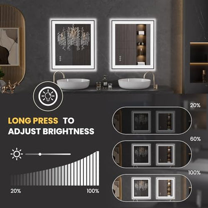 LOAAO 28"X32" LED Bathroom Mirror Black Framed | Anti-Fog, Dimmable, Memory Function, Tempered Glass, Lighted Vanity Mirror for Wall - size: 28"L x 32"W
