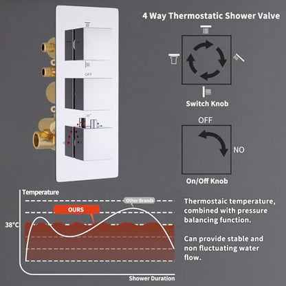 Thermostatic Shower System Chrome Shower Faucet Set, Four Modes Shower Faucet with 4 PCS Body Jet, Handheld Spray, 2 Rainfall Shower Head(12+8“) - color: Chrome, size: 12+8" Ceiling Shower