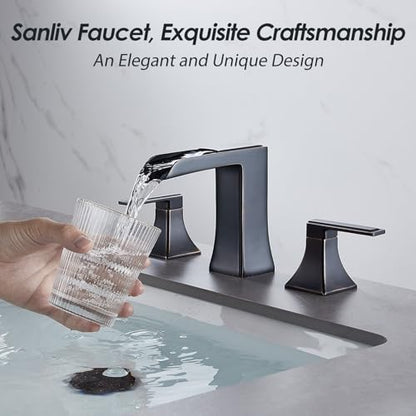 Oil Rubbed Bronze Bathroom Faucet, Sanliv 2-Handle Widespread Bathroom Faucet for 3-Hole Sinks 4-16 inch, Bronze Waterfall Vanity Faucet with Pop-Up Drain (ORB) - color: Oil Rubbed Bronze