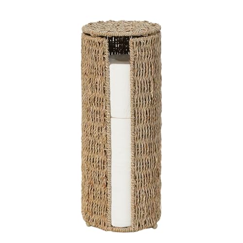PINXIURY Seagrass Toilet Paper Holder with Storage, 3 Rolls of Wicker Toilet Paper Holder for Bathroom and Under Sink, Handmade Woven Toilet Paper Rolls Holder Stand - color: Natural Seagrass