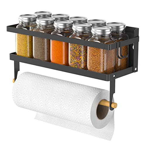 Spice Rack Magnetic Shelf, Foldable Refrigerator Magnetic Spice Holder, Wall Mounted Seasoning Organizer Hanging Spice Storage Stand with Paper Towel Holder Roll & Hooks - color: Black