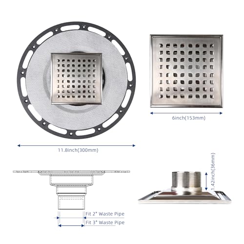 6-Inch Square Shower Drain Kit with Bonding Flange, Brushed Silver | Removable 304 stainless steel grate with hair strainer; fits 2- and 3-inch pipes for tiled shower floors and wet areas - size: 6in-Brushed Stainless Steel