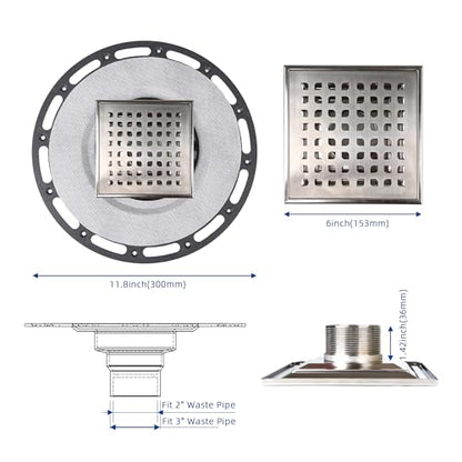 6-Inch Square Shower Drain Kit with Bonding Flange, Brushed Silver | Removable 304 stainless steel grate with hair strainer; fits 2- and 3-inch pipes for tiled shower floors and wet areas - size: 6in-Brushed Stainless Steel