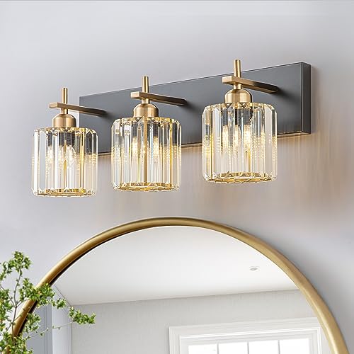 Modern Crystal Bathroom Vanity Lights, 3-Lights Black Gold Bathroom Light Fixtures Over Mirror, Crystal Vanity Light with Polished Gold Finish(Exclude Bulb) - color: Black Gold-Round Shade, size: 3-Light
