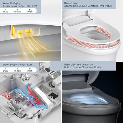 Electric Bidet Toilet Seat for Elongated Toilets, Heated Seat with Unlimited Warm Water Wash, Warm Air Dryer, Adjustable Water Pressure & Temperature, Stainless Steel Nozzle, Easy DIY Installation
