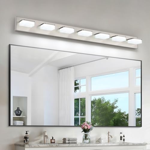 7-Light Bathroom Vanity Light Fixture Over Mirror, Nickel LED Vanity Lighting Fixtures, 45.67 inch Modern Bathroom Wall Light Fixtures with Rotating Lamp Head - size: 7-Light,46Inch