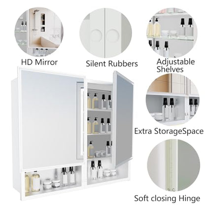 32x26 Inch Bathroom Medicine Cabinet with Mirror, Double Door Wall Mounted Storage with Extra Drawers, Bevel Edge Mirror, Adjustable Shelves, for Recessed or Surface Mount Installation - style: CS5003-3226