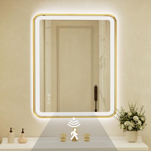 36x48 Inch Gold Framed LED Bathroom Mirror with Lights,Smart Bathroom Mirror,Motion Sensor,Anti-Fog,Stepless Dimmable & 3 Colors,Memory,Vanity Mirror for Wall - color: Gold-with Sensor Lights, size: 36"L x 48"W