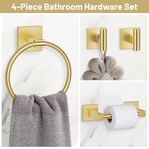 Towel Ring Set 4 Piece Bathroom Hardware Set Includes Towel Ring 2 Towel Hooks and Toilet Paper Holder Stainless Steel Wall Mounted (Brushed Gold) - color: Brushed Gold, size: Set D