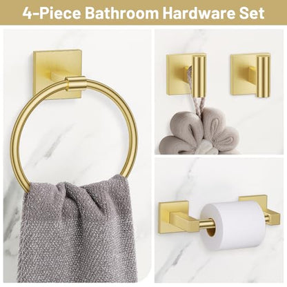 Towel Ring Set 4 Piece Bathroom Hardware Set Includes Towel Ring 2 Towel Hooks and Toilet Paper Holder Stainless Steel Wall Mounted (Brushed Gold) - color: Brushed Gold, size: Set D