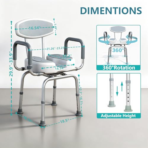 Shower Chair for Elderly and Disabled Adults, U-Shape Seat | 400lb Weight Capacity, Heavy Duty, Padded Armrests and Back, Height Adjustable