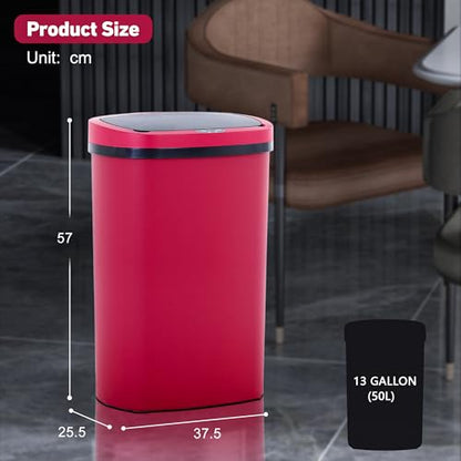 13 Gallon Trash Can,Soft Close Large Garbage Can with Lid,Automatic Indoor Smart Trashcans for Kitchen,Waterproof Trashcans for Kitchen,Touch-Free Trash Can,RED - color: Red, style: 1 piece