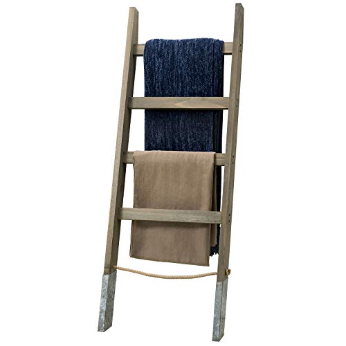 MyGift 55'' Wood Wall Leaning Blanket Ladder with 4 Rung, Farmhouse Living Room and Bathroom Towel Rack with Decorative Rustic Galvanized Silver Metal Legs and Rope - color: Gray Brown