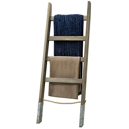 MyGift 55'' Wood Wall Leaning Blanket Ladder with 4 Rung, Farmhouse Living Room and Bathroom Towel Rack with Decorative Rustic Galvanized Silver Metal Legs and Rope - color: Gray Brown