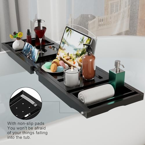 Bathtub Tray Caddy, Expandable Bamboo Bath Tray for Tub | Foldable Bath Table Trays with Non-Slip Pads, Bathroom Spa Accessories, Ideal Gift for New Home & Mom's Birthday, Black - color: Black