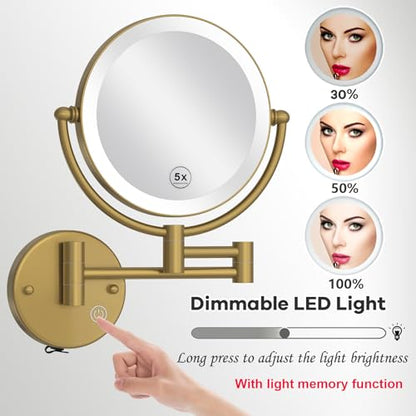 Wall Mounted Lighted Makeup Mirror with Magnification 5X, Rechargeable Bathroom Magnifying Shaving Cosmetic Mirror with Extension Swing Arm, Touch Stepless Dimming, Brushed Moderne Brass - color: Brushed Moderne Brass