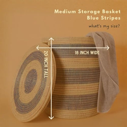 Blue African Woven Hamper with Lid, 20" Tall, 18" Wide - color: Medium