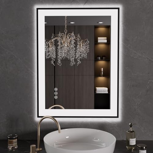 LOAAO 24"X32" LED Bathroom Mirror Black Framed | Anti-Fog, Dimmable, Memory Function, Tempered Glass, Lighted Vanity Mirror for Wall - size: 24"L x 32"W