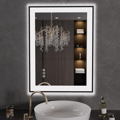 LOAAO 24"X32" LED Bathroom Mirror Black Framed | Anti-Fog, Dimmable, Memory Function, Tempered Glass, Lighted Vanity Mirror for Wall - size: 24"L x 32"W