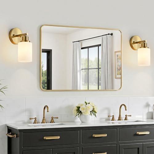 2-Pack, 1-Light Vanity Lights, Brushed Gold Bathroom Light Fixture with Textured Milky White Glass Shade, E26 Modern Vanity Lighting Fixture for Bathroom Wall Sconce - color: Gold, size: 4.7 Inch : 1-Light