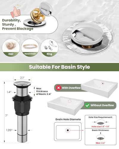 gotonovo Bathroom Vessel Sink Faucet Metal Pop Up Drain, Polish Chrome | Tall Bathroom Faucet 1 Hole Single Handle Modern Round Body, cUPC Water Supply Hoses, for Basin Vanity Lavatory Restroom Rv - color: Chrome